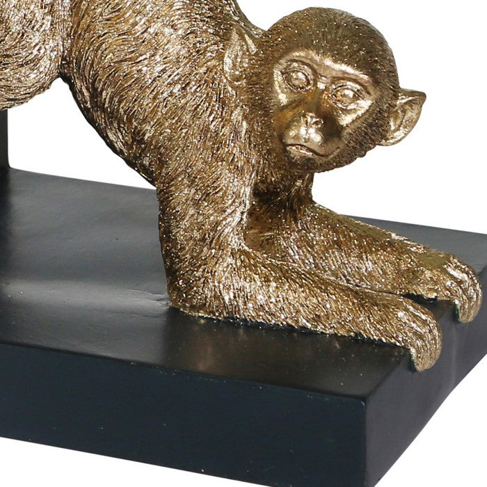 Wooden Bookend with Polyresin Monkey Figurine, Pair of 2, Black and Gold