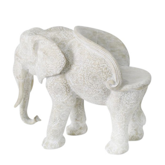 Decorative Polyresin Elephant Chair with Medallion Print, White