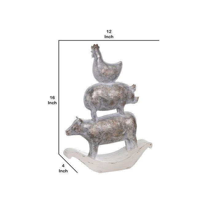 Decorative Polyresin Sculpture with Stacked Animals, White and Bronze