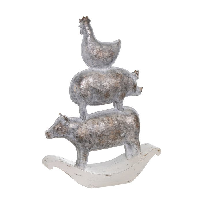 Decorative Polyresin Sculpture with Stacked Animals, White and Bronze