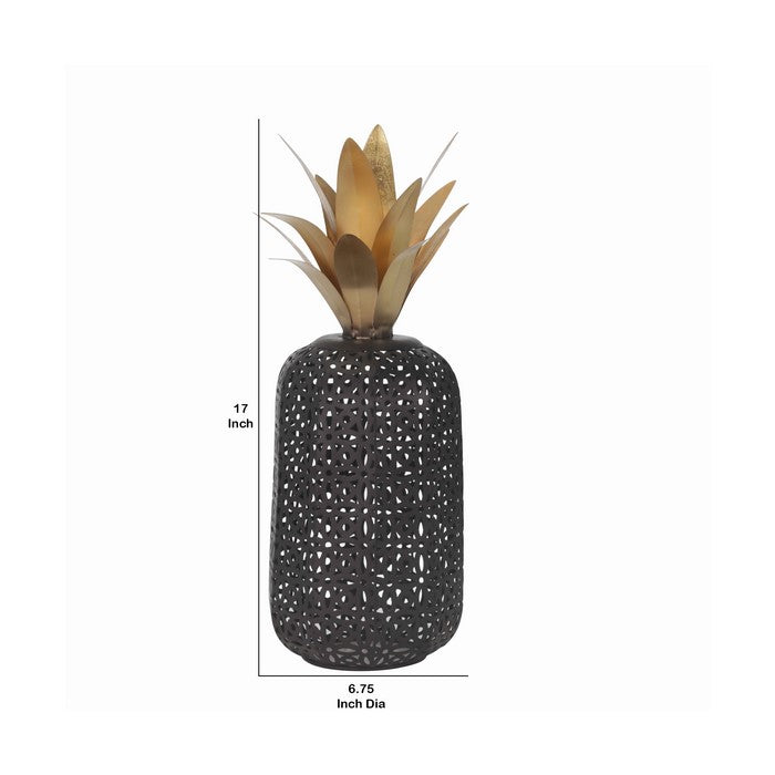 Metal Pineapple Decor with Cut Out Details, Large, Black and Bronze