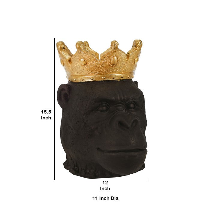 Polyresin Decorative Gorilla Figurine with Crown, Gold and Black