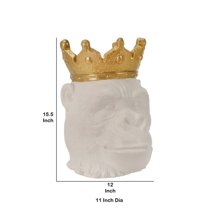 Polyresin Decorative Gorilla Figurine with Crown, Gold and White
