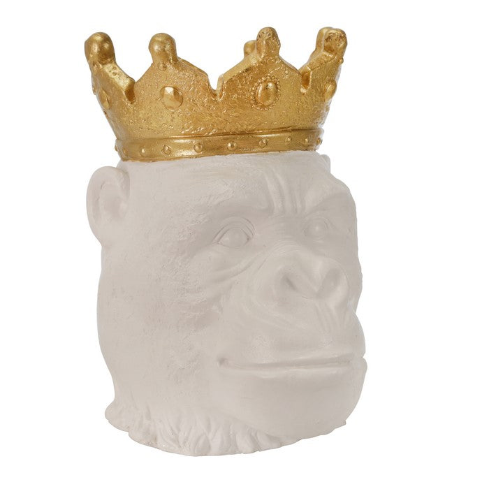 Polyresin Decorative Gorilla Figurine with Crown, Gold and White