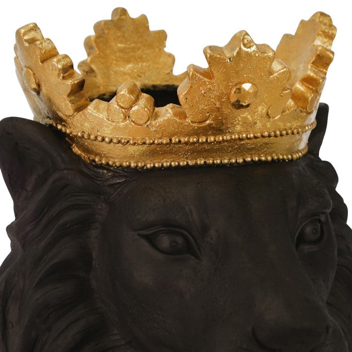 Polyresin Decorative Lion Figurine with Crown, Gold and Black