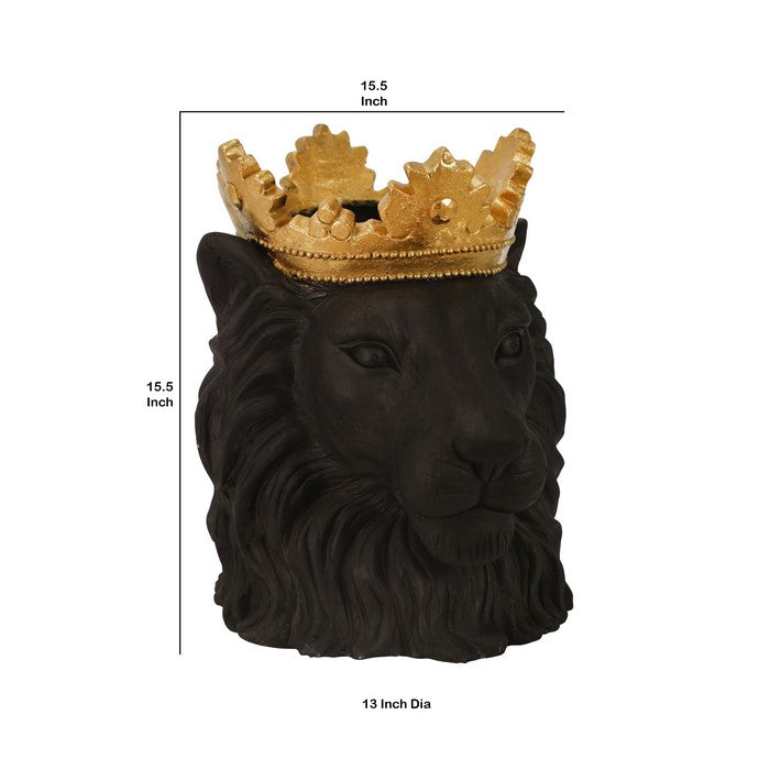 Polyresin Decorative Lion Figurine with Crown, Gold and Black