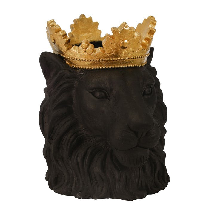 Polyresin Decorative Lion Figurine with Crown, Gold and Black