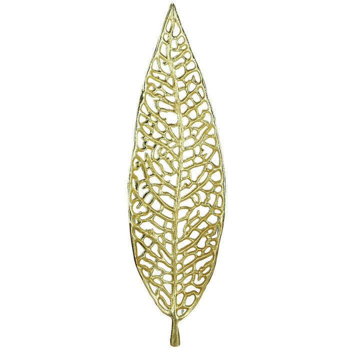 Metal Decorative Leaf Tray with Cut Out Vein Design, Gold
