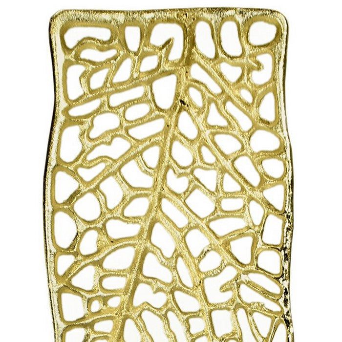 Metal Decorative Tray with Cut Out Leaf Vein Design, Gold