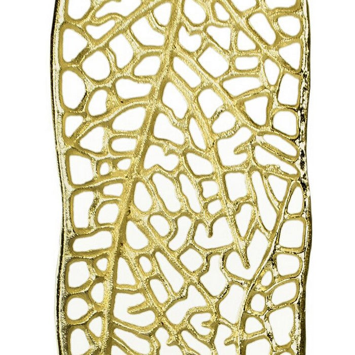 Metal Decorative Tray with Cut Out Leaf Vein Design, Gold