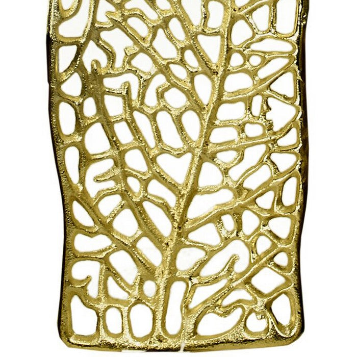 Metal Decorative Tray with Cut Out Leaf Vein Design, Gold