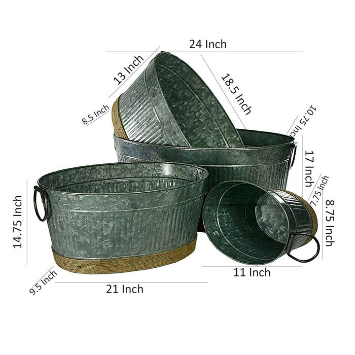 Metal Tubs with Rope Accents, Gray, Set of 4