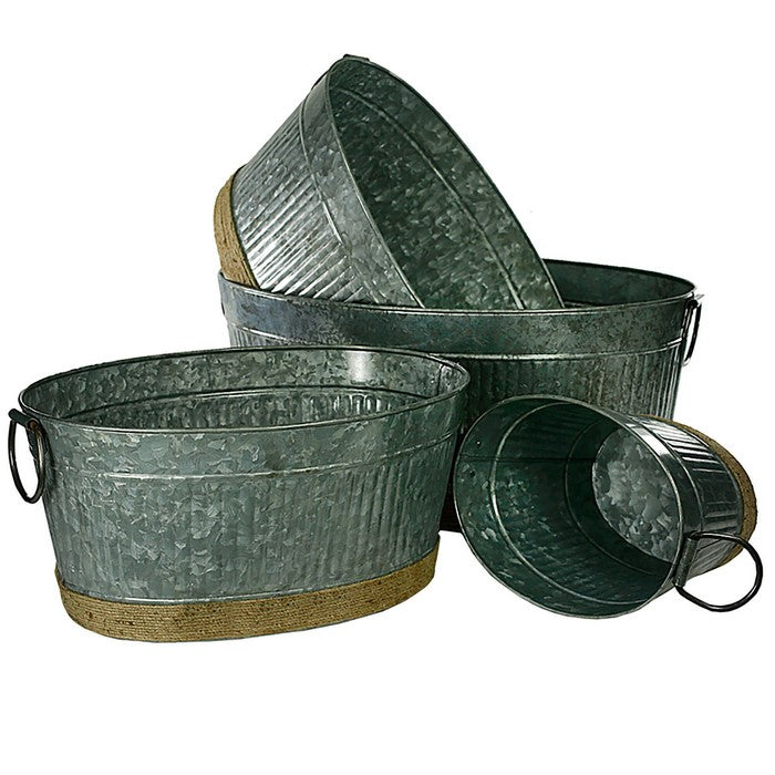 Metal Tubs with Rope Accents, Gray, Set of 4