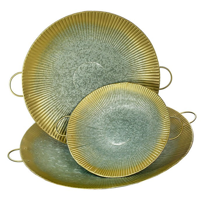 Metal Trays with Ring Handles, Gray and Gold, Set of 3