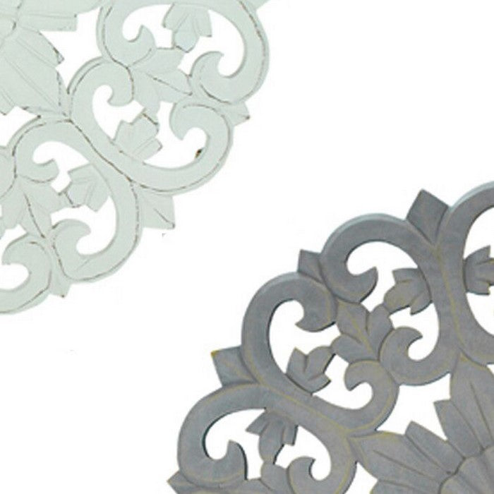 Wooden Decorative Wall Panels with Floral Design, White and Gray, Set of 2