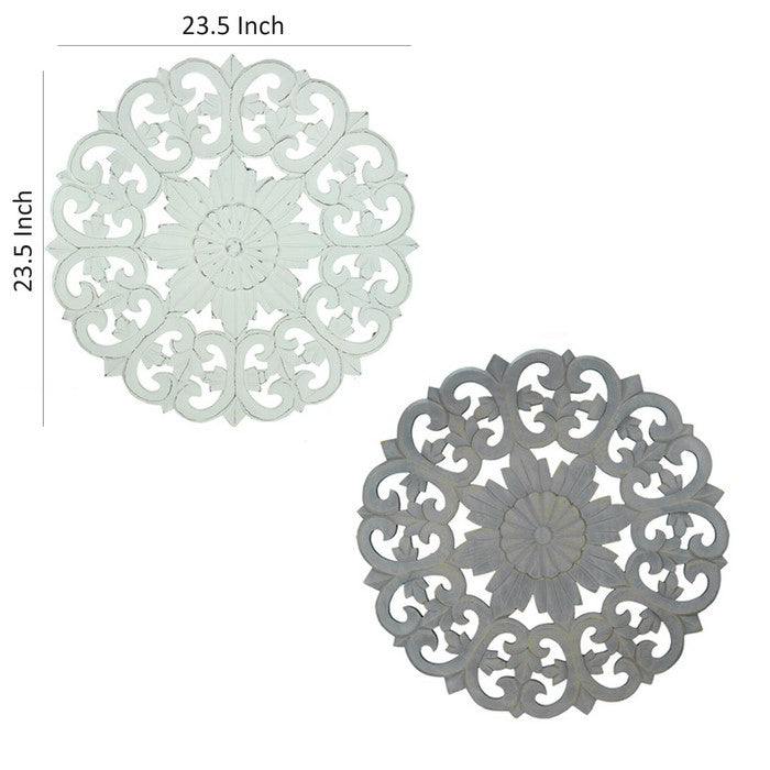 Wooden Decorative Wall Panels with Floral Design, White and Gray, Set of 2