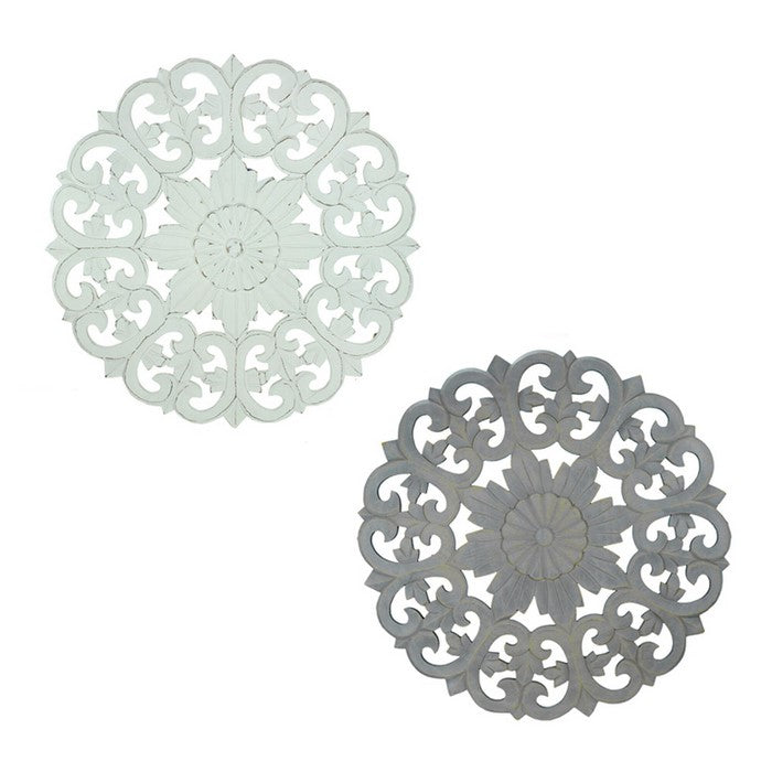 Wooden Decorative Wall Panels with Floral Design, White and Gray, Set of 2