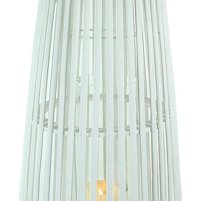 Wood and Metal Cage Style Lantern with Glass Hurricane, White, Large