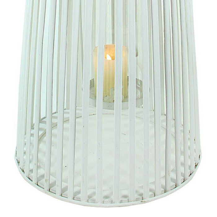 Wood and Metal Cage Style Lantern with Glass Hurricane, White, Large