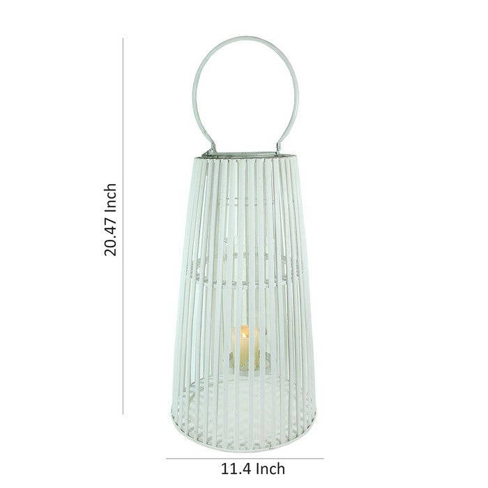 Wood and Metal Cage Style Lantern with Glass Hurricane, White, Large