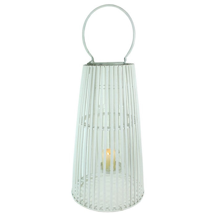 Wood and Metal Cage Style Lantern with Glass Hurricane, White, Large