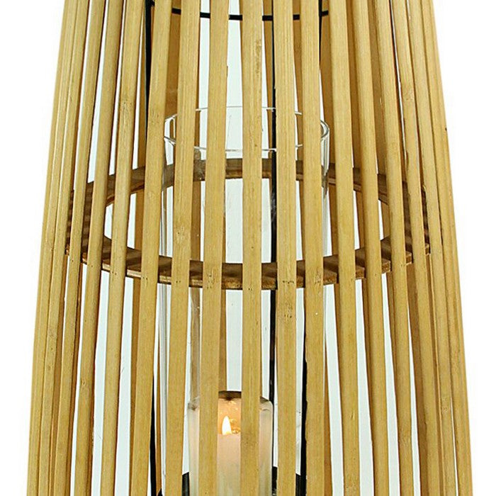 Wooden Cage Style Lantern with Glass Hurricane, Brown and Black, Large