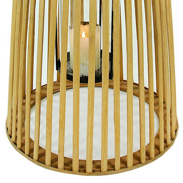 Wooden Cage Style Lantern with Glass Hurricane, Brown and Black, Large