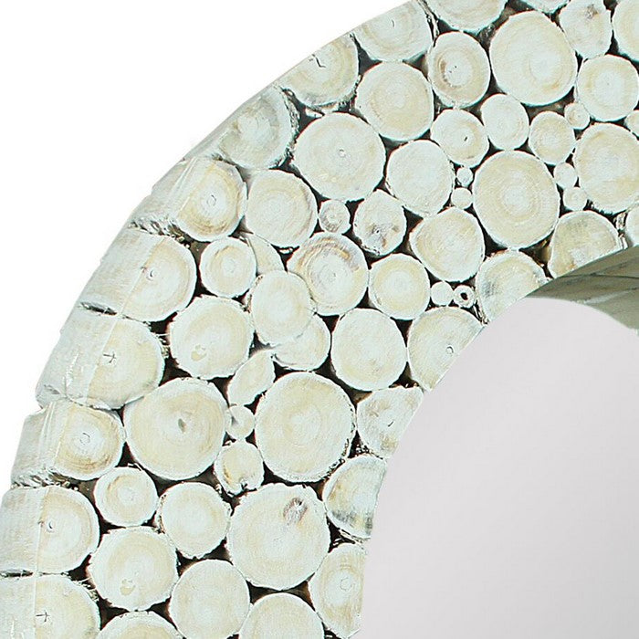 Round Wooden Wall Mirror with Log Frame, Washed White