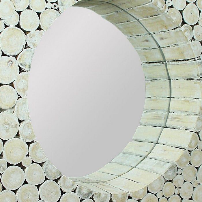 Round Wooden Wall Mirror with Log Frame, Washed White
