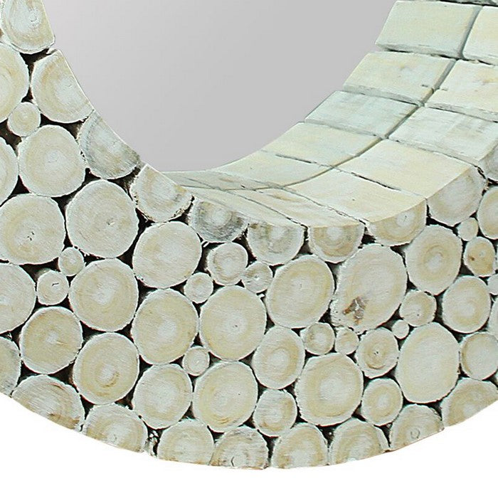 Round Wooden Wall Mirror with Log Frame, Washed White