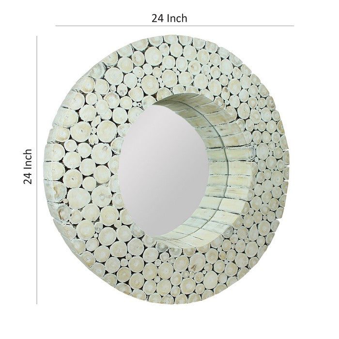 Round Wooden Wall Mirror with Log Frame, Washed White