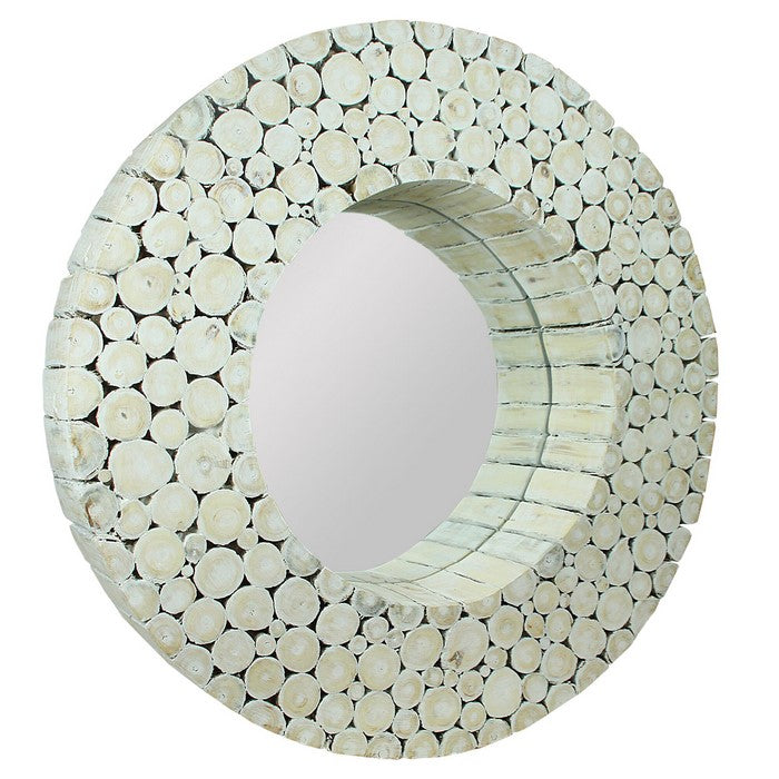 Round Wooden Wall Mirror with Log Frame, Washed White
