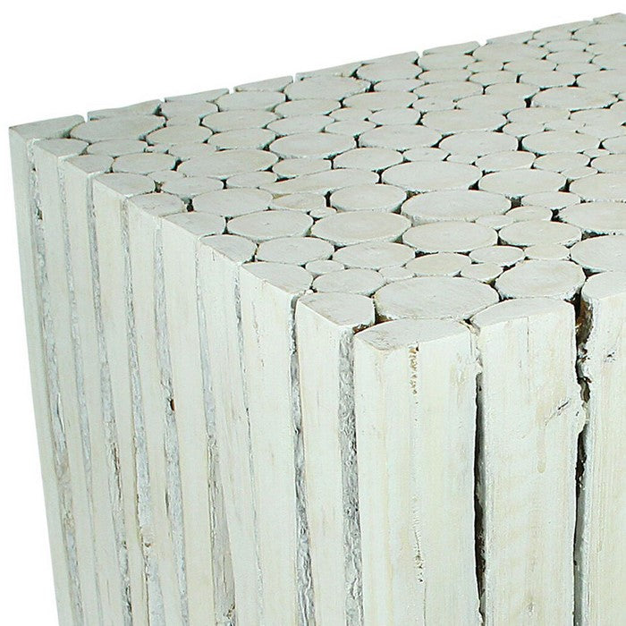 Square Shape Wooden Accent Stool with Stump Design, Washed White, Large