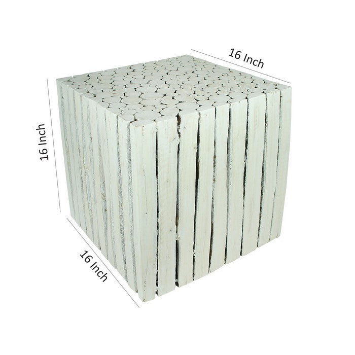 Square Shape Wooden Accent Stool with Stump Design, Washed White, Large