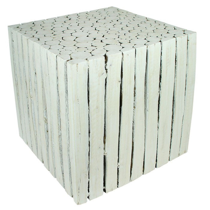 Square Shape Wooden Accent Stool with Stump Design, Washed White, Large