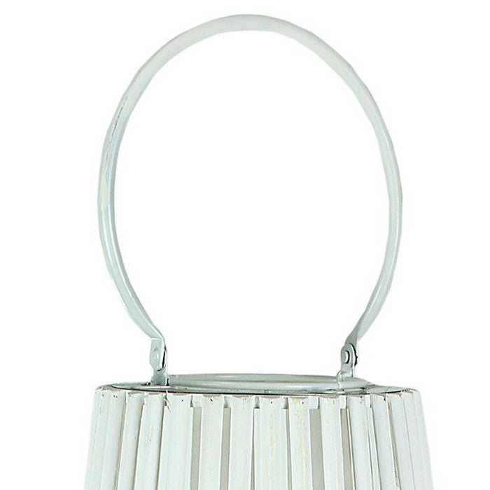 Wood and Metal Cage Style Lantern with Glass Hurricane, White, Small