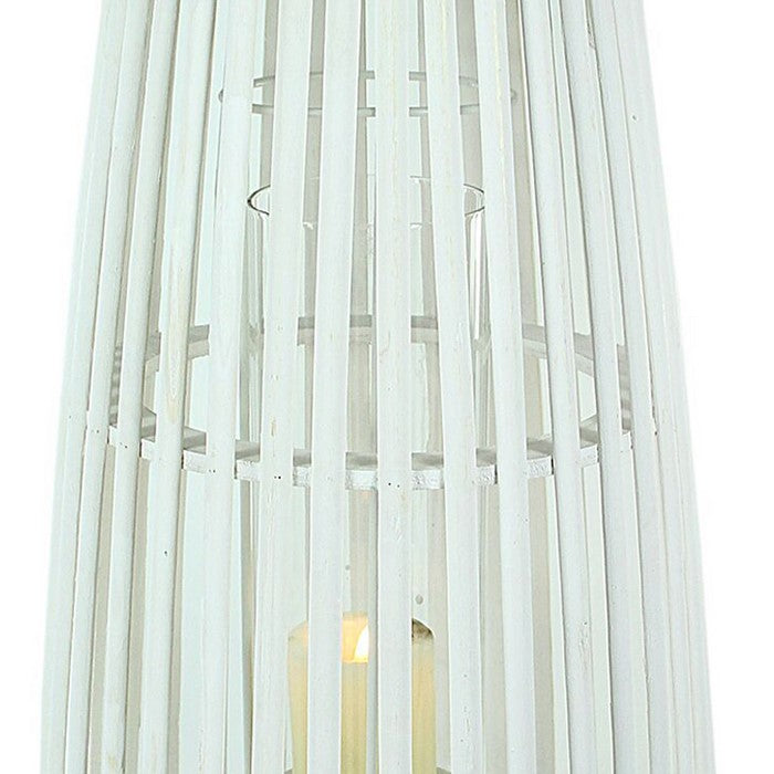 Wood and Metal Cage Style Lantern with Glass Hurricane, White, Small