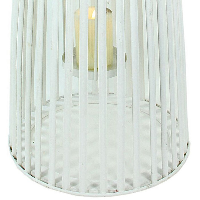 Wood and Metal Cage Style Lantern with Glass Hurricane, White, Small
