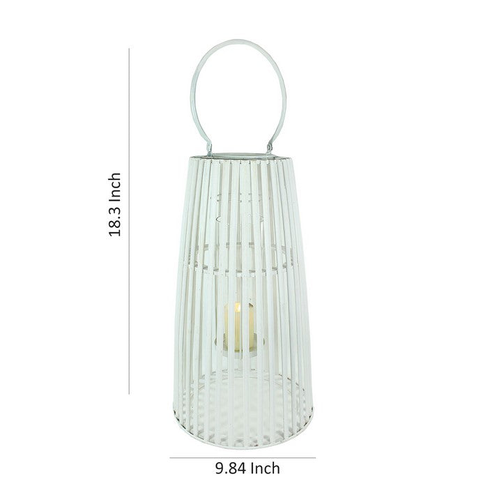 Wood and Metal Cage Style Lantern with Glass Hurricane, White, Small