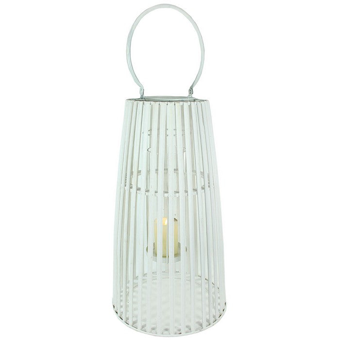 Wood and Metal Cage Style Lantern with Glass Hurricane, White, Small