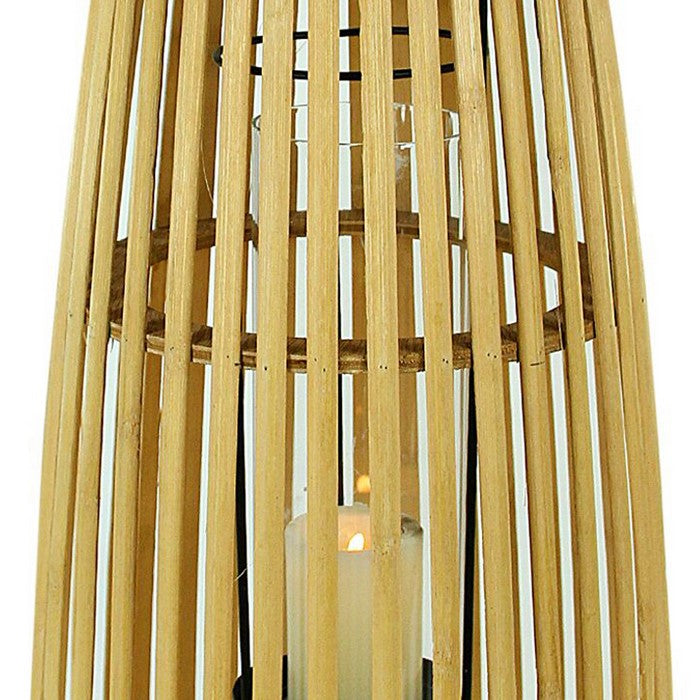 Wooden Cage Style Lantern with Glass Hurricane, Brown and Black, Small