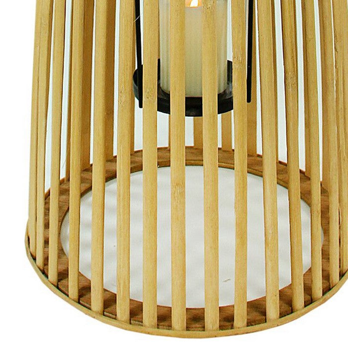 Wooden Cage Style Lantern with Glass Hurricane, Brown and Black, Small