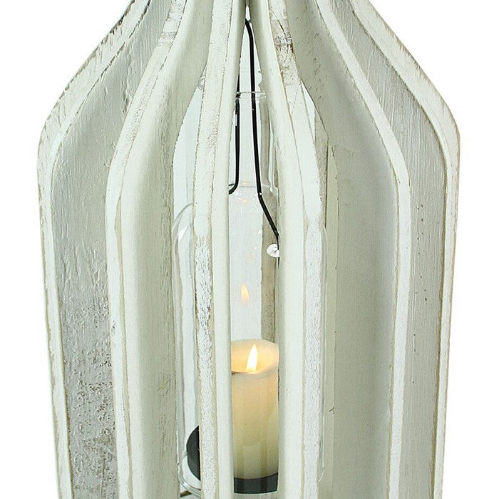 Wooden Lantern with Rope Accents and Glass Hurricane, White