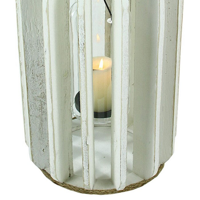 Wooden Lantern with Rope Accents and Glass Hurricane, White