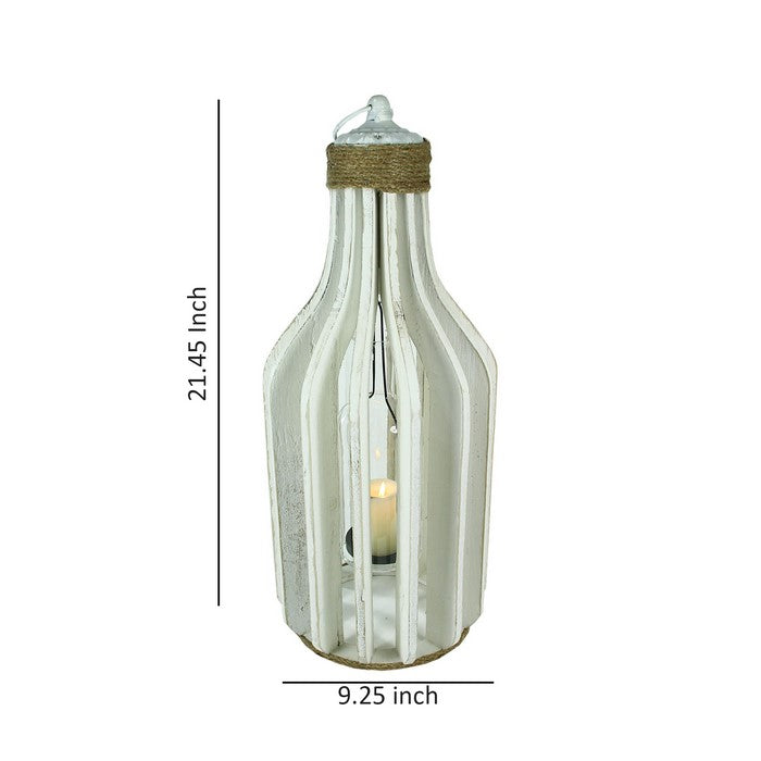 Wooden Lantern with Rope Accents and Glass Hurricane, White