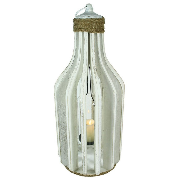 Wooden Lantern with Rope Accents and Glass Hurricane, White
