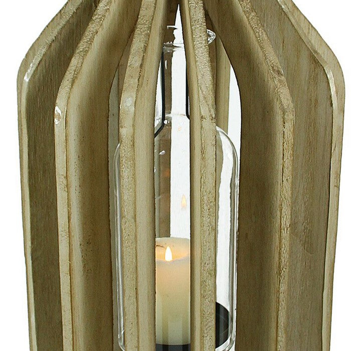 Wooden Lantern with Rope Accents and Glass Hurricane, Brown