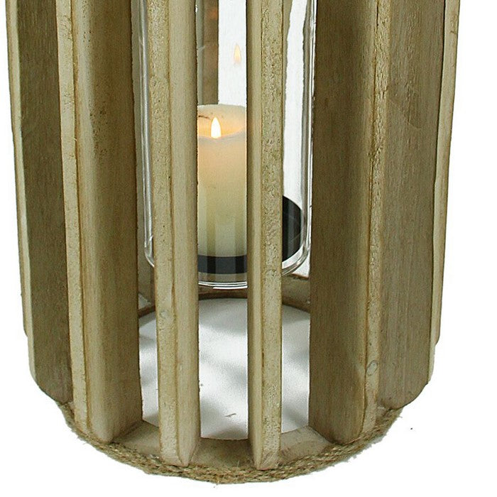 Wooden Lantern with Rope Accents and Glass Hurricane, Brown