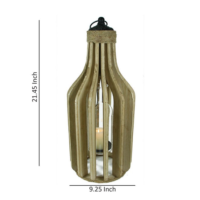 Wooden Lantern with Rope Accents and Glass Hurricane, Brown