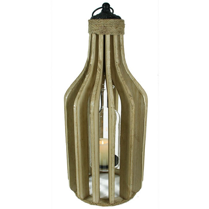 Wooden Lantern with Rope Accents and Glass Hurricane, Brown